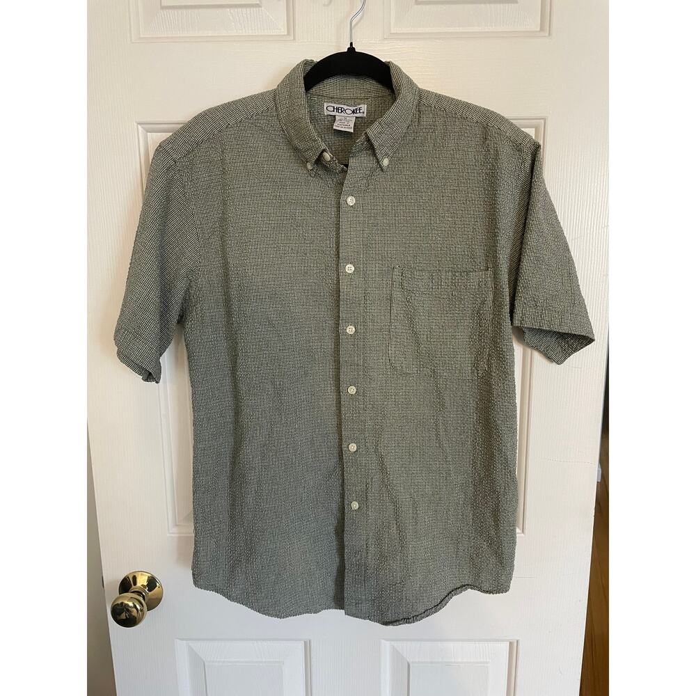 Cherokee Mens Medium Button Polo Shirt All Cotton Short Sleeve Green Box Pattern